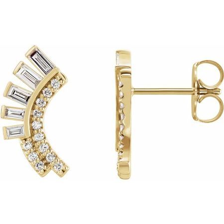 White Diamond Earrings in 14 Karat Yellow Gold 1/3 Carat Diamond Curved Fan Earrings