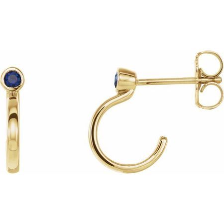 Created Sapphire Earrings in 14 Karat Yellow Gold 2 mm Round Chatham Lab-Created Genuine Sapphire Bezel-Set Hoop Earrings