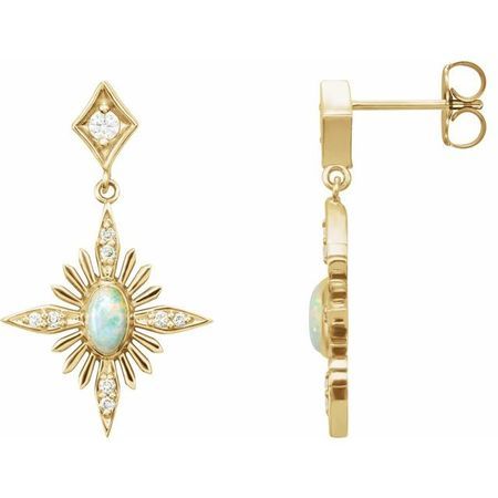 Fire Opal Earrings in 14 Karat Yellow Gold Australian Opal & 1/6 Carat Diamond Celestial Earrings