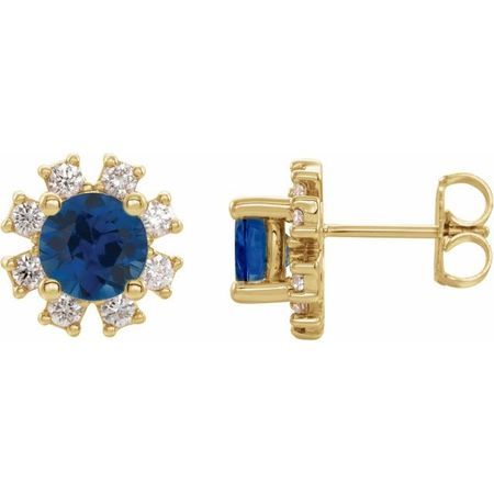 Created Sapphire Earrings in 14 Karat Yellow Gold Chatham Created Genuine Sapphire & .07 Carat Diamond Earrings