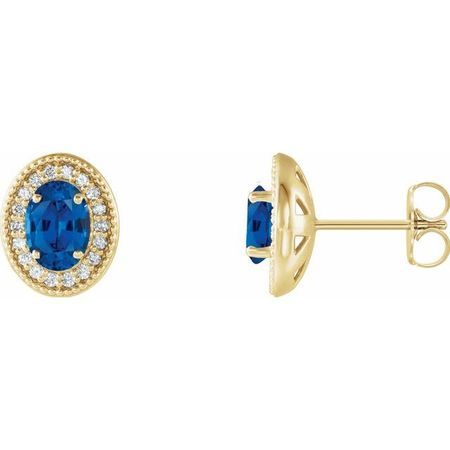 Created Sapphire Earrings in 14 Karat Yellow Gold Chatham Created Genuine Sapphire & 1/5 Carat Diamond Halo-Style Earrings