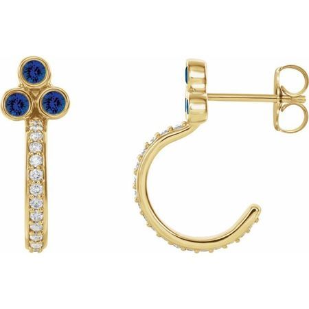 Created Sapphire Earrings in 14 Karat Yellow Gold Chatham Lab-Created Genuine Sapphire & 1/4 Carat Diamond J-Hoop Earrings