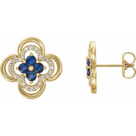 Created Sapphire Earrings in 14 Karat Yellow Gold Chatham Lab-Created Genuine Sapphire & 1/5 Carat Diamond Clover Earrings