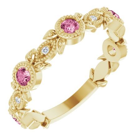 Pink Tourmaline Ring in 14 Karat Yellow Gold Pink Tourmaline & .03 Carat Diamond Leaf Ring