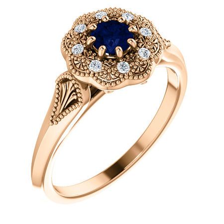 Shop 14 Karat Rose Gold Blue Sapphire & .06 Carat Diamond Ring Vintage-Inspired Halo-Style Ring