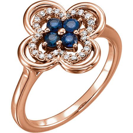 Genuine 14 Karat Rose Gold Blue Sapphire & 0.10 Carat Diamond Clover Ring