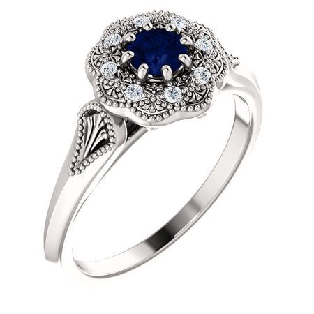 Shop 14 Karat White Gold Blue Sapphire & .06 Carat Diamond Ring Vintage-Inspired Halo-Style Ring