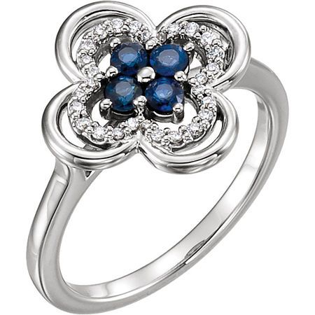 14 Karat White Gold Blue Sapphire & 0.10 Carat Diamond Clover Ring