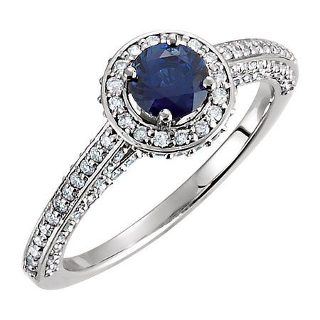 Genuine Sapphire Ring in 14 Karat White Gold Sapphire & 0.60 Carat Diamond Engagement Ring