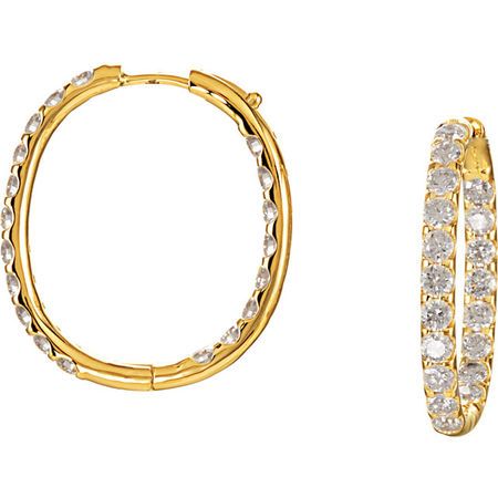 White Diamond Earrings in 14 Karat Yellow Gold 3 Carat Diamond Inside/Outside Hoop Earrings