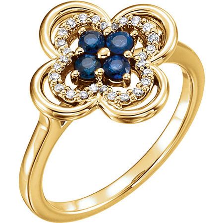 14 Karat Yellow Gold Blue Sapphire & 0.10 Carat Diamond Clover Ring