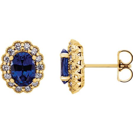 Shop 14 Karat Yellow Gold Genuine Chatham Blue Sapphire & 0.40 Carat Diamond Earrings