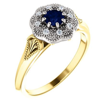 Buy 14 Karat Yellow Gold & White Blue Sapphire & .06 Carat Diamond Ring Vintage-Inspired Halo-Style Ring