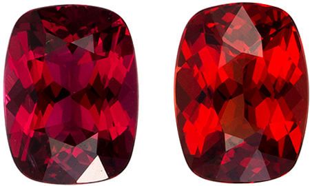 5.9 x 4.4 mm Red Spinel Well Matched Gem Pair in Cushion Cut, Open Rich Red, 1.23 carats