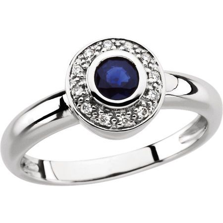 Genuine Sapphire Ring in 14 Karat White Gold Sapphire & .06 Carat Diamond Ring