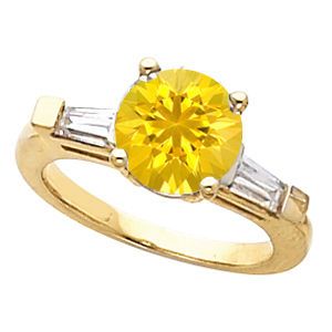 Bright & Pretty Round Yellow 1 carat 6mm Sapphire Gemstone Engagement Ring With Diamond Baguette Side Gems