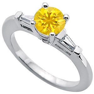 Bright & Pretty Round Yellow 1 carat 6mm Sapphire Gemstone Engagement Ring With Diamond Baguette Side Gems