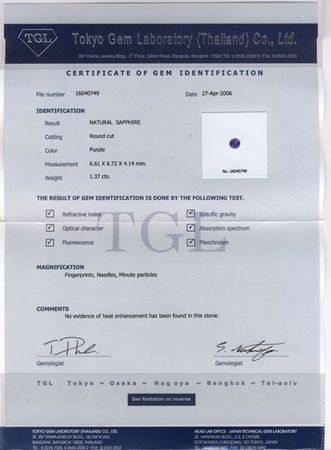 Deal on No Treatment Purple Sapphire Gemstone in Round Cut, 1.37 carats, 6.72 x 6.61 x 4.14 mm Displays Vivid Purple Color - TGL Cert