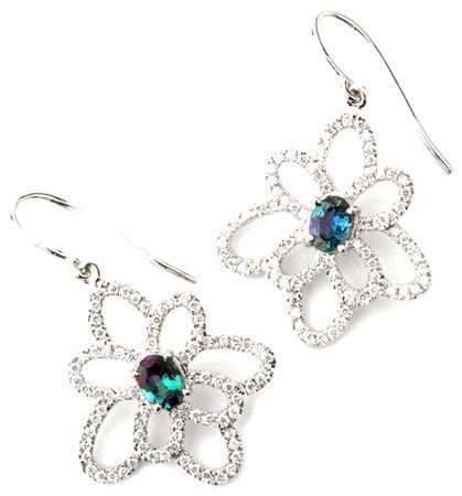 Fabulous Wire Back Flower Alexandrite Earrings With Diamond Outline Petals and Natural Alexandrite Centers - 0.76 carats, 6.05 x 4.42 mm