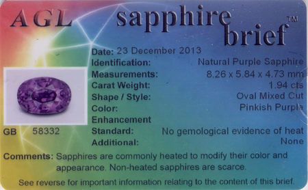 Genuine No Heat Purple Sapphire Gemstone in Oval Cut, 1.94 carats, 8.26 x 5.84 x 4.73 mm Displays Rich Purple Color - AGL Cert