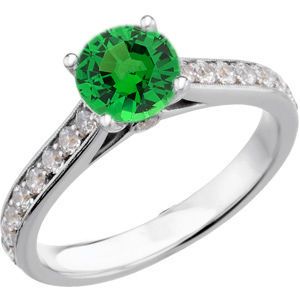 Quality Green Genuine 1 carat 6mm Tsavorite Garnet Round Solitaire Engagement Ring With Inset Diamond Accents in Band