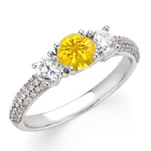 Great Colorful Accessory! - Yellow 1 carat 6mm Sapphire Gemstone Engagement Ring With Diamond Side Gems and Diamond Accents on Band