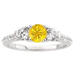 Icy & Bright Yellow 1 carat 6mm Sapphire Engagement Ring - Diamond Side Gems and Diamond Accents Along Band
