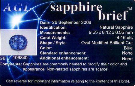 Loose Blue Sapphire Gemstone, Oval Cut, 4.16 carats, 9.55 x 8.12 x 6.55 mm , AGL Certified - A Low Price