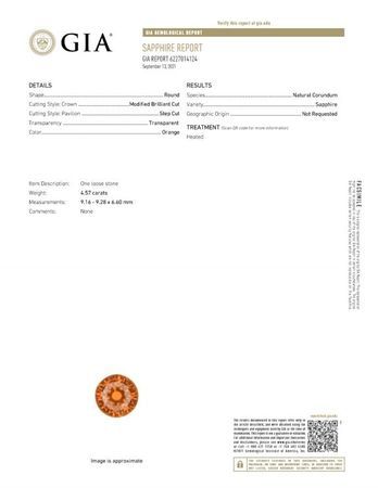 Loose Orange Sapphire Gem, 4.57 carats Round Cut in 9.28 x 6.6 mm size in Magnificent Orange Color With GIA Certificate