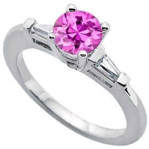 Lovely Large Fine 1.08ct 6mm Real Pink Sapphire Gemstone Engagement Ring With Diamond Baguette Side Gems