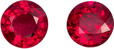 Must See Well Matched Ruby Pair in Round Cut, 5.2 mm, Vivid Rich Red Color, 1.40 carats