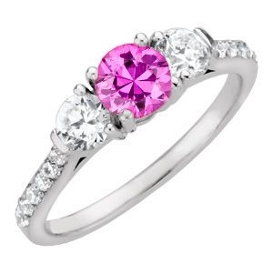 Perfect  1 carat 6mm Hot Pink Sapphire Engagement Ring - Diamond Side Gems and Diamond Accents Along Band