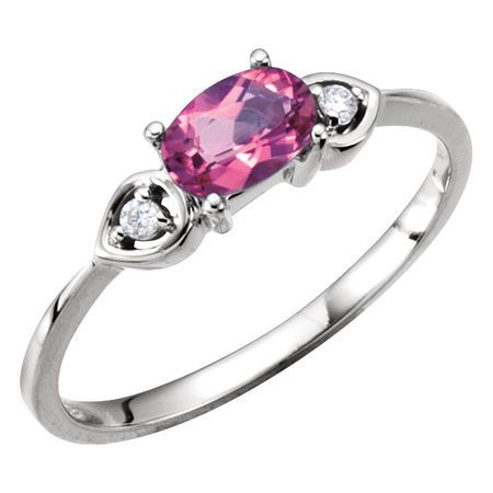 Oval Genuine Pink Tourmaline & Diamond Accented 3-Stone Ring