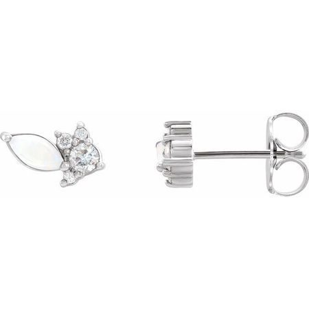 Genuine Opal Earrings in Platinum Australian Opal & 1/6 Carat Diamond Cluster Earrings