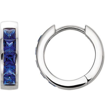 Platinum Genuine Chatham Blue Sapphire Hoop Earrings