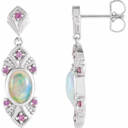 Genuine Opal Earrings in Platinum Ethiopian Opal & Pink Sapphire Vintage-Inspired Earrings