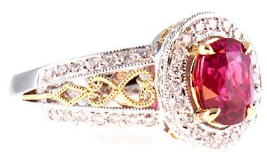 Quality 1.64 carat Low Price on Fuschia Sapphire & Diamond Ring in 2 tone 18 KT gold