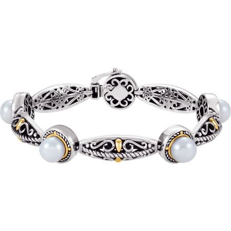 Sterling Silver & 14 KT Yellow Gold Freshwater Cultured Pearl Bracelet