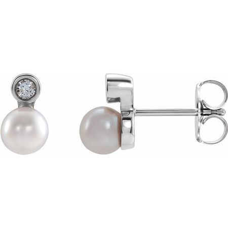 Sterling Silver Akoya Cultured Pearl & .03 Carat Weight Diamond Bezel-Set Earrings