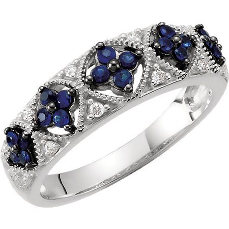 Genuine Sapphire Ring in Sterling Silver Sapphire & .05 Carat Diamond Ring Size 6