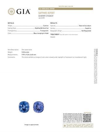 Stunning Purple Sapphire Gemstone, Cushion Cut, 5.28 carats, 9.99 x 9.28 x 6.65 mm , GIA Certified - A Low Price