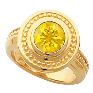 Stylish 14k Gold Bezel Set Yellow 1 carat 6mm Sapphire Fashion Ring With Etruscan Inspired Look