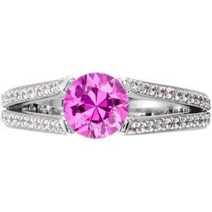 Unique & Fine Split Shank 4-Prong with 1 carat 6mm Genuine Pink Sapphire Gemstone Engagement Ring - Diamond Accents Along Bands
