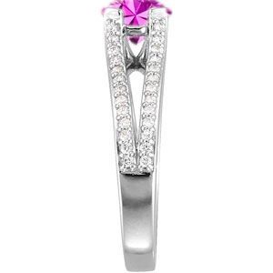 Unique & Fine Split Shank 4-Prong with 1 carat 6mm Genuine Pink Sapphire Gemstone Engagement Ring - Diamond Accents Along Bands