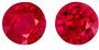 Beautiful Color Red Ruby Loose Gemstones, 1.26 carats in Round Cut, 4.9 mm in a Matching Pair