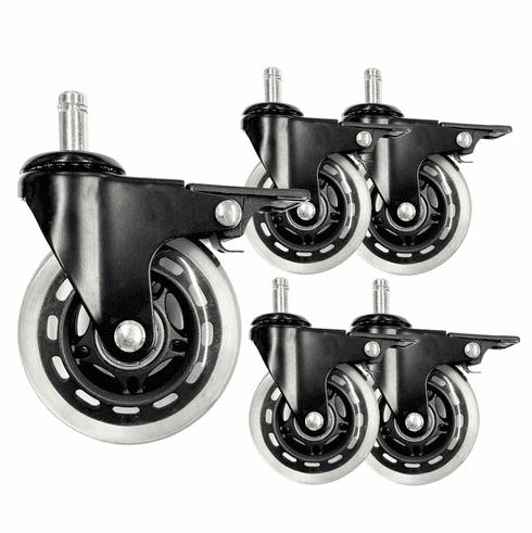 Set of Five 3-inch Locking Rubber Inline Casters with 500 Pound Capacity