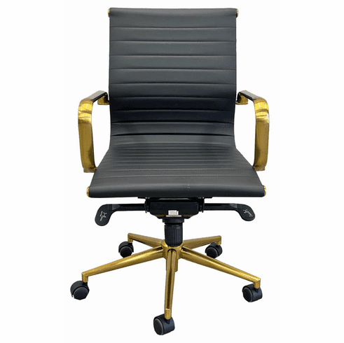 Black Leather Classic Mid Back Office Chair with Gold Frame