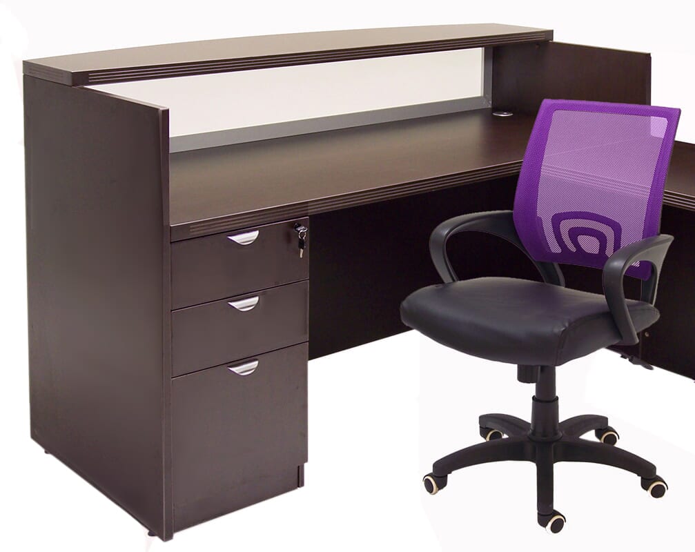 Mocha UShaped Reception Desk w/Frosted Glass Panel & Hutch