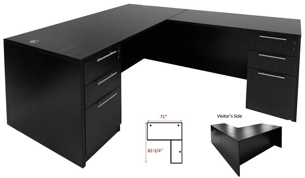 black l shaped desk with shelves