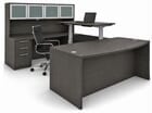 Charcoal Woodgrain Laminate Electric Lift Adjustable Bridge U-Desk w/Hutch